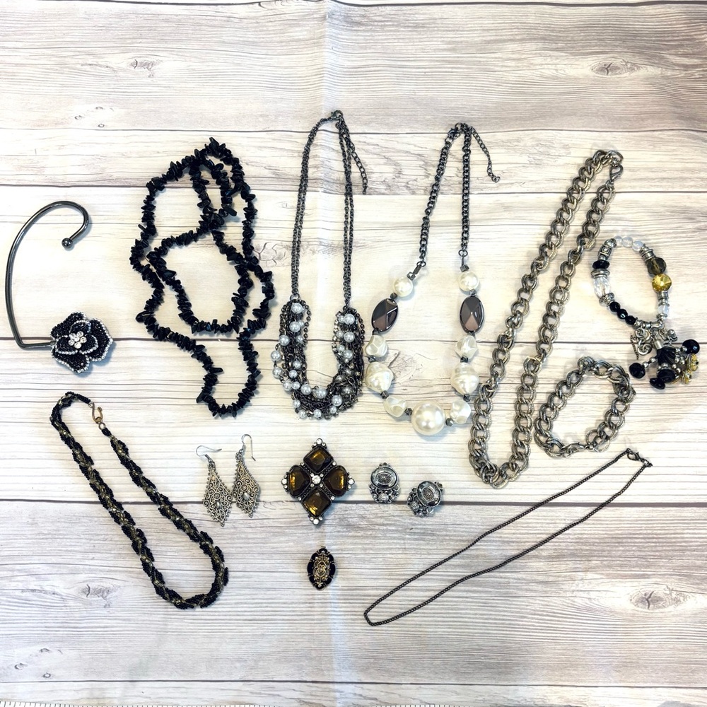 Jewelry Lot of 13 Silver Tone and Black Necklaces Bracelets Earrings Brooch